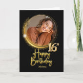 大人っぽい黒とゴールドの写真入り16歳の誕生日 カード (正面)