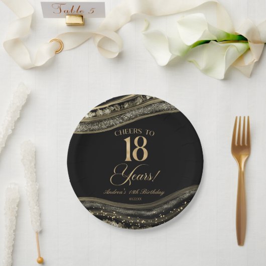 大人っぽい黒とゴールドの瑪瑙 18歳の誕生日パーティー ペーパープレート (ウェディング)