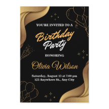 大人っぽい黒とゴールドの誕生日パーティー招待状