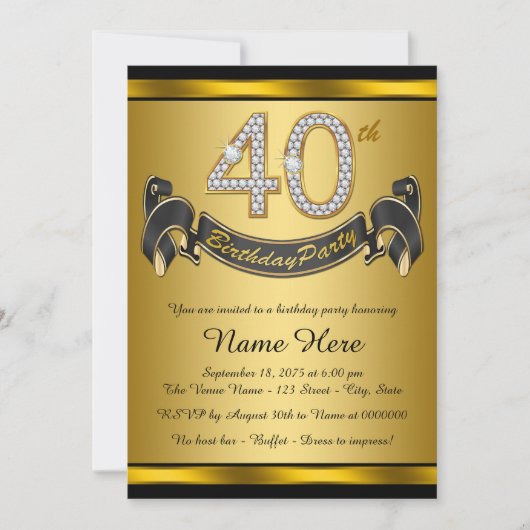 大人っぽい黒とゴールドの40歳の誕生日パーティー 招待状 (正面)