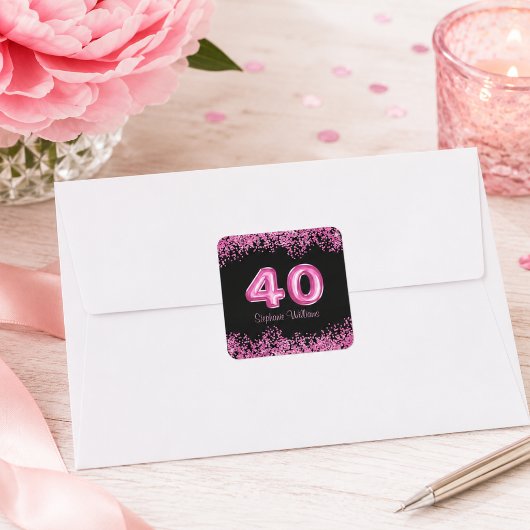 大人っぽい黒とピンクのラメ 40歳の誕生日 スクエアシール