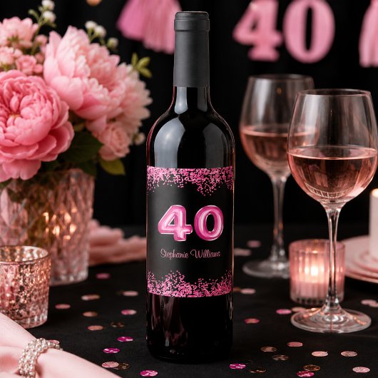 大人っぽい黒とピンクのラメ 40歳の誕生日 ワインラベル