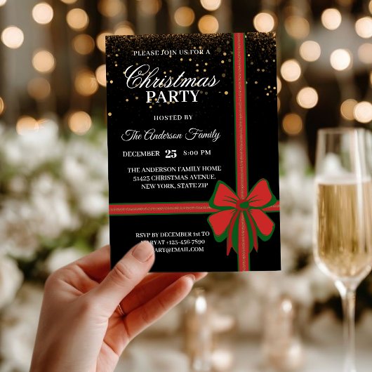 大人っぽい黒と赤のリボンのクリスマスパーティー 招待状