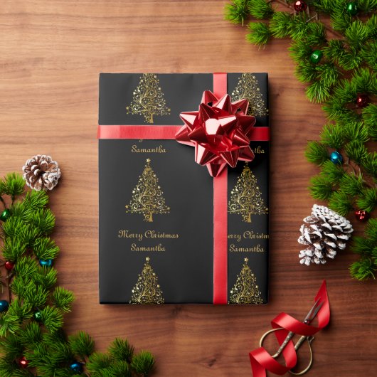 大人っぽい黒と金のクリスマスツリー ラッピングペーパー (クリスマスギフト)