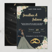 大人っぽい黒と金のフラワーモチーフの結婚式日程事前通知 招待状 (正面/裏面)