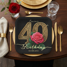 大人っぽい黒と金の華やかなデザイン 40歳の誕生日を赤いバラでお祝い ペーパープレート