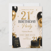 大人っぽい黒と金の21歳の誕生日パーティー 招待状 (正面)