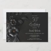 大人っぽい黒の花柄の50歳の誕生日パーティー 招待状 (正面)