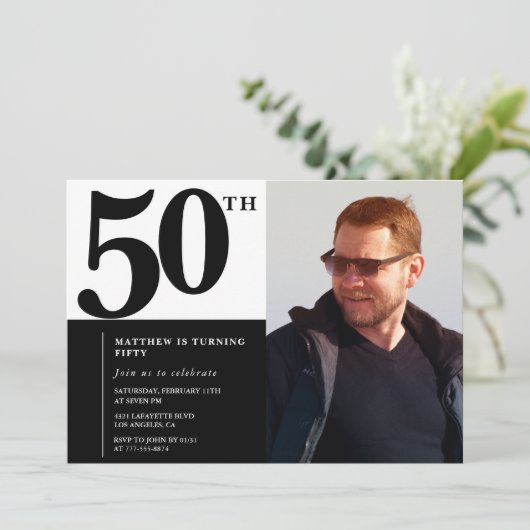 大人っぽい黒の50歳の誕生日招待状 招待状 (スタンド正面)