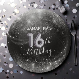 大人っぽい16歳の誕生日 黒にシルバーのラメ ペーパープレート