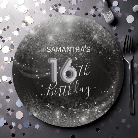 大人っぽい16歳の誕生日 黒にシルバーのラメ ペーパープレート