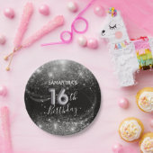 大人っぽい16歳の誕生日 黒にシルバーのラメ ペーパープレート (パーティー)
