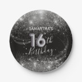大人っぽい16歳の誕生日 黒にシルバーのラメ ペーパープレート (正面)