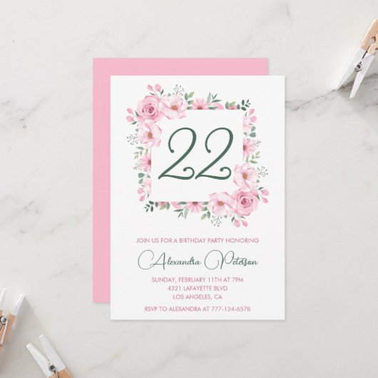 大人っぽい22歳の誕生日招待状 フラワー ピンク 招待状 (正面/裏面インサイチュ)