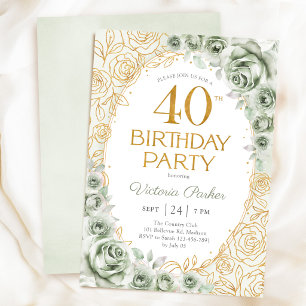 大人っぽい40歳の誕生日 サージグリーンとゴールドの花模様 招待状