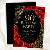 大人っぽい90歳の誕生日 赤 黒 ゴールド 花柄 招待状