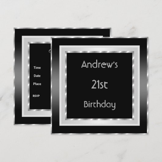 大人っぽい ブラック ホワイト シルバー メンズ 21歳の誕生日パーティー 招待状 (正面/裏面)