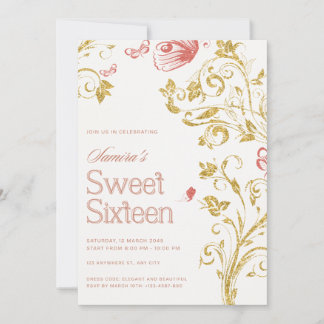 大人っぽいSweet Sixteenの招待状|ゴールドの花模様と蝶 招待状