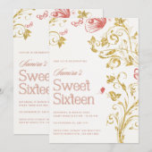 大人っぽいSweet Sixteenの招待状|ゴールドの花模様と蝶 招待状 (正面/裏面)