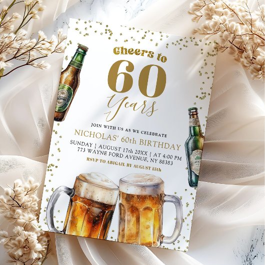 大人になって60歳の誕生日おめでとう エレガント ゴールド ビール 招待状