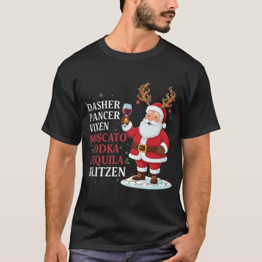 🎅大人のクリスマスの飲み友サンタ+トナカイの名前 Tシャツ (正面)