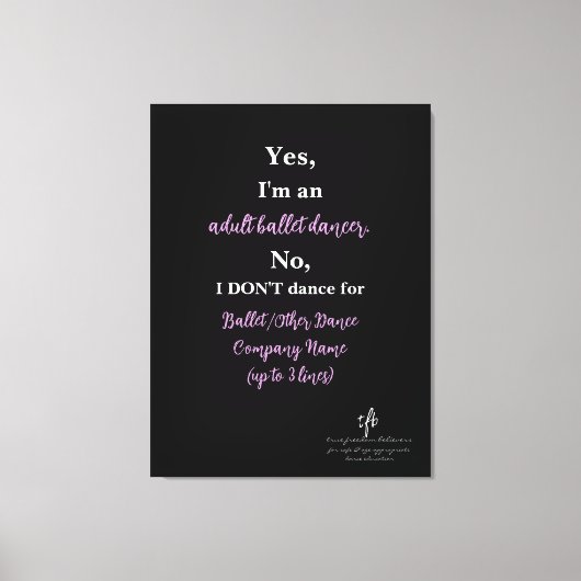 大人のバレエ淡い色のダンサープラム/ホワイト文字Lg. キャンバスプリント (正面)