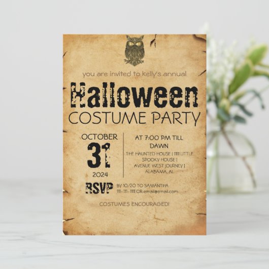 大人のフクロウヴィンテージゴシックのハロウィーンの衣装パーティー 招待状 (スタンド正面)