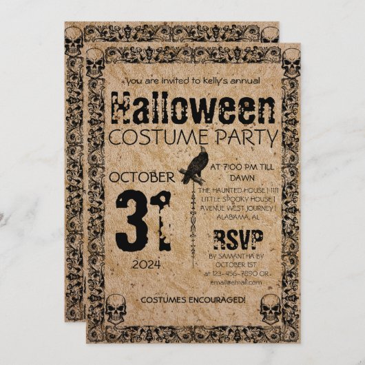 大人のヴィンテージゴシックのハロウィーンの衣装パーティー 招待状 (正面/裏面)