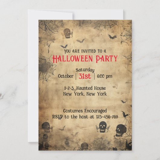 大人のヴィンテージハロウィーンの衣装パーティー 招待状 (正面)