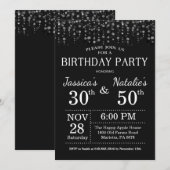 大人の共同誕生会の銀のグリッター 招待状 (正面/裏面)