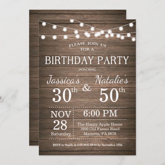 大人の共同誕生日のパーティの招待状の素朴な木 招待状 (正面/裏面)