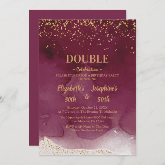 大人の共同誕生日パーティー | 紫金のグリッター 招待状 (正面/裏面)
