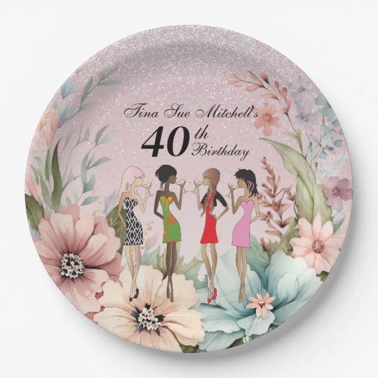 大人の女の子の春のお花の誕生日パーティー ペーパープレート (正面)