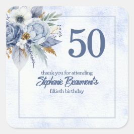 大人の女性の50歳の誕生日パーティーにふさわしい上品なブルーの花柄デザイン スクエアシール