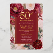大人の女性の50歳の誕生日 ゴールド 赤い椿の花 箔招待状 (正面)