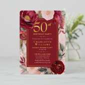 大人の女性の50歳の誕生日 ゴールド 赤い椿の花 箔招待状 (立ち正面)