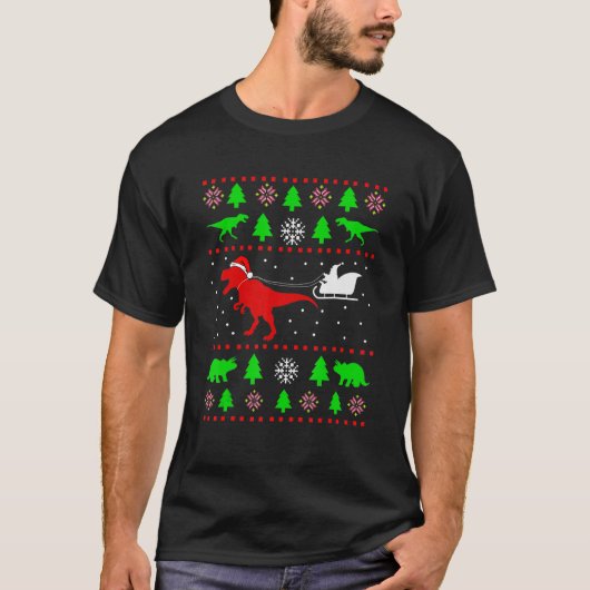 大人の子供のための恐竜の醜いクリスマスセーター Tシャツ (正面)