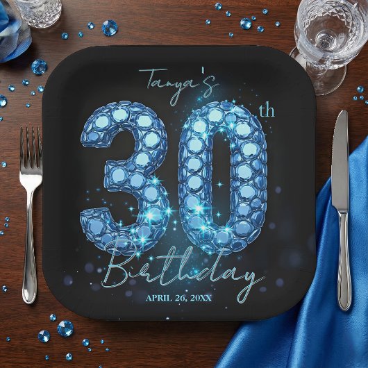 大人の煌めくサファイアブルージュエルモザイク 30歳の誕生日 ペーパープレート