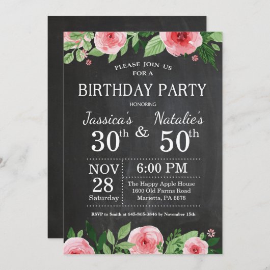 大人の花の黒板の接合箇所の誕生会 招待状 (正面/裏面)