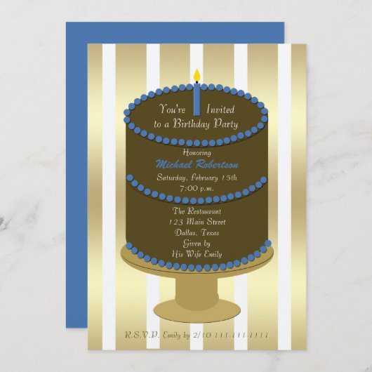 大人の誕生日パーティーケーキと青アクセント男性へ 招待状 (正面/裏面)