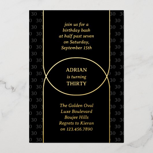 大人の誕生日パーティー任意の年齢ブラックと金ゴールドアーチ 箔招待状 (正面)