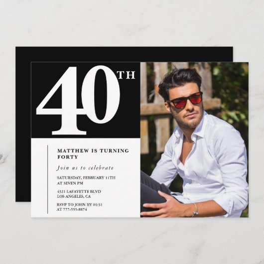 大人の誕生日40th誕生日の招待シック写真 招待状 (正面/裏面)