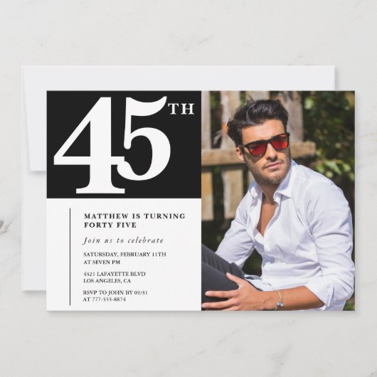 大人の誕生日45th誕生日の招待シック写真 招待状 (正面)