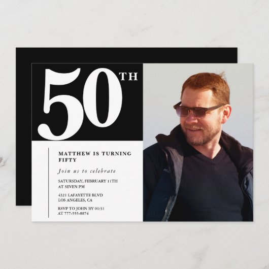 大人の誕生日50th誕生日の招待シック写真 招待状 (正面/裏面)