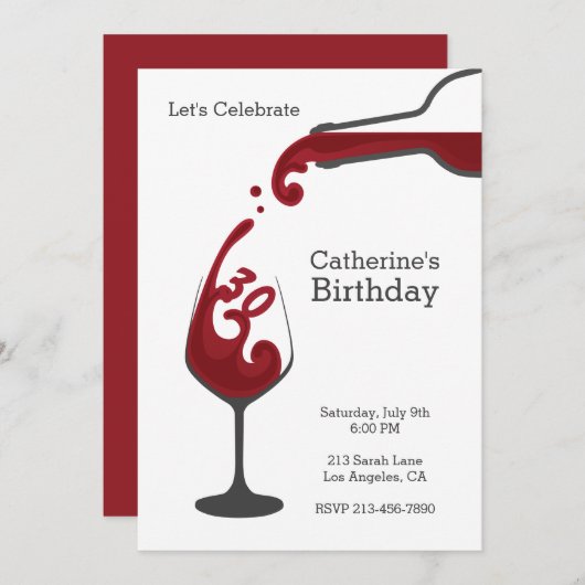 大人の赤ワインのモダン誕生日パーティーへの招待 招待状 (正面/裏面)