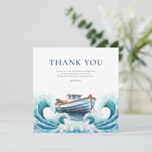 大人の魚釣り誕生日パーティーの水色 サンキューカード (スタンド正面)