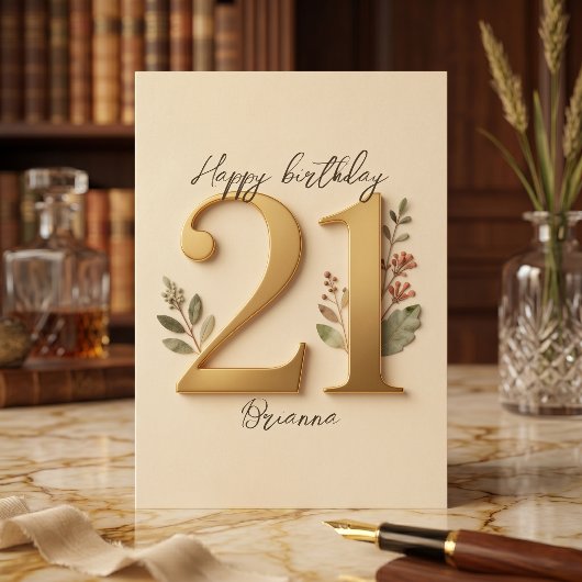 大人への第一歩 ゴールドのボタニカルな21歳の誕生日 カード