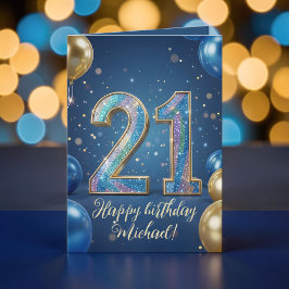 大人への第一歩!21歳の誕生日お祝いにエレガントなブルーゴールドスパーキングバルーン カード