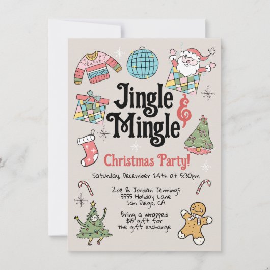 大人または子供のレトロドードルクリスマスパーティー 招待状 (正面)