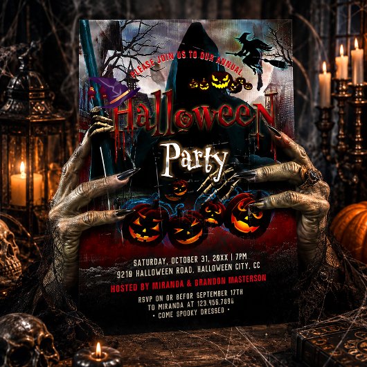 大人も楽しめるスケアリーなゴーストパンプキン魔女のハロウィンパーティー 招待状